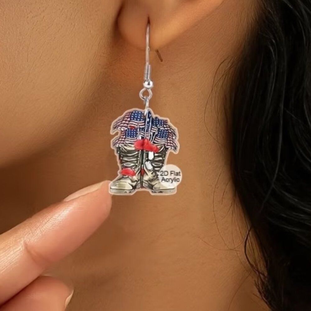 NWT Earrings Combat Boots Bouquets of American Flags Military Proud & Pride USA